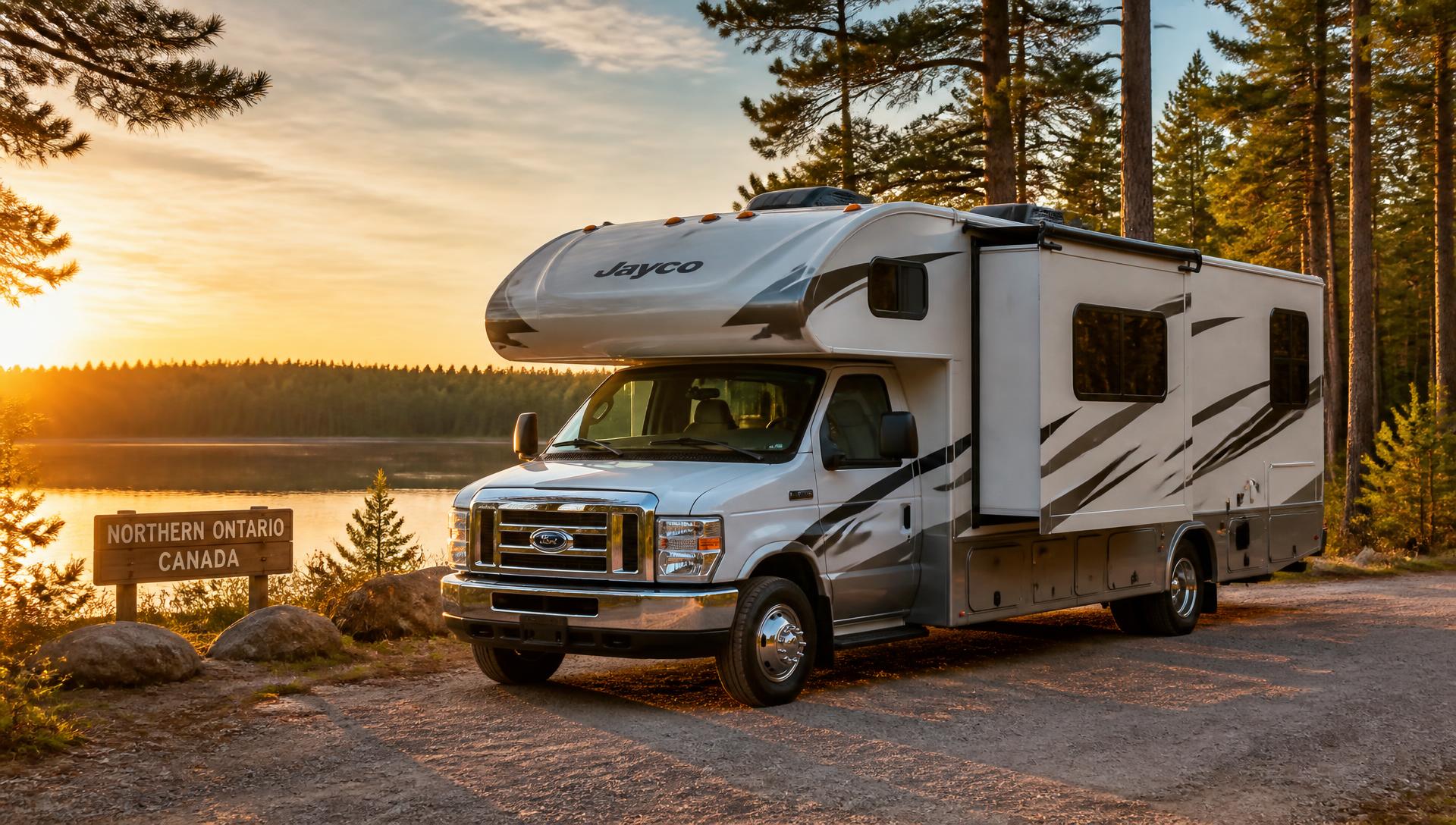 Class C motorhome parked beside a Northern Ontario lake at sunset