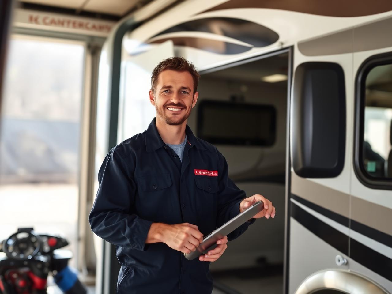 Service technician inspecting a motorhome